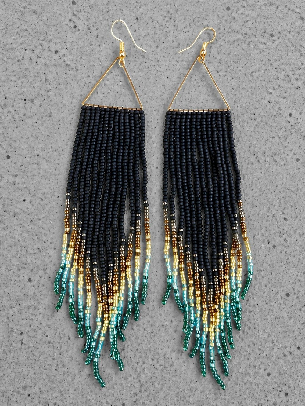 Raven Geo Whimsigoth Boho Fringe Seed Bead Earrings Beaded Jewelry- Black Gold